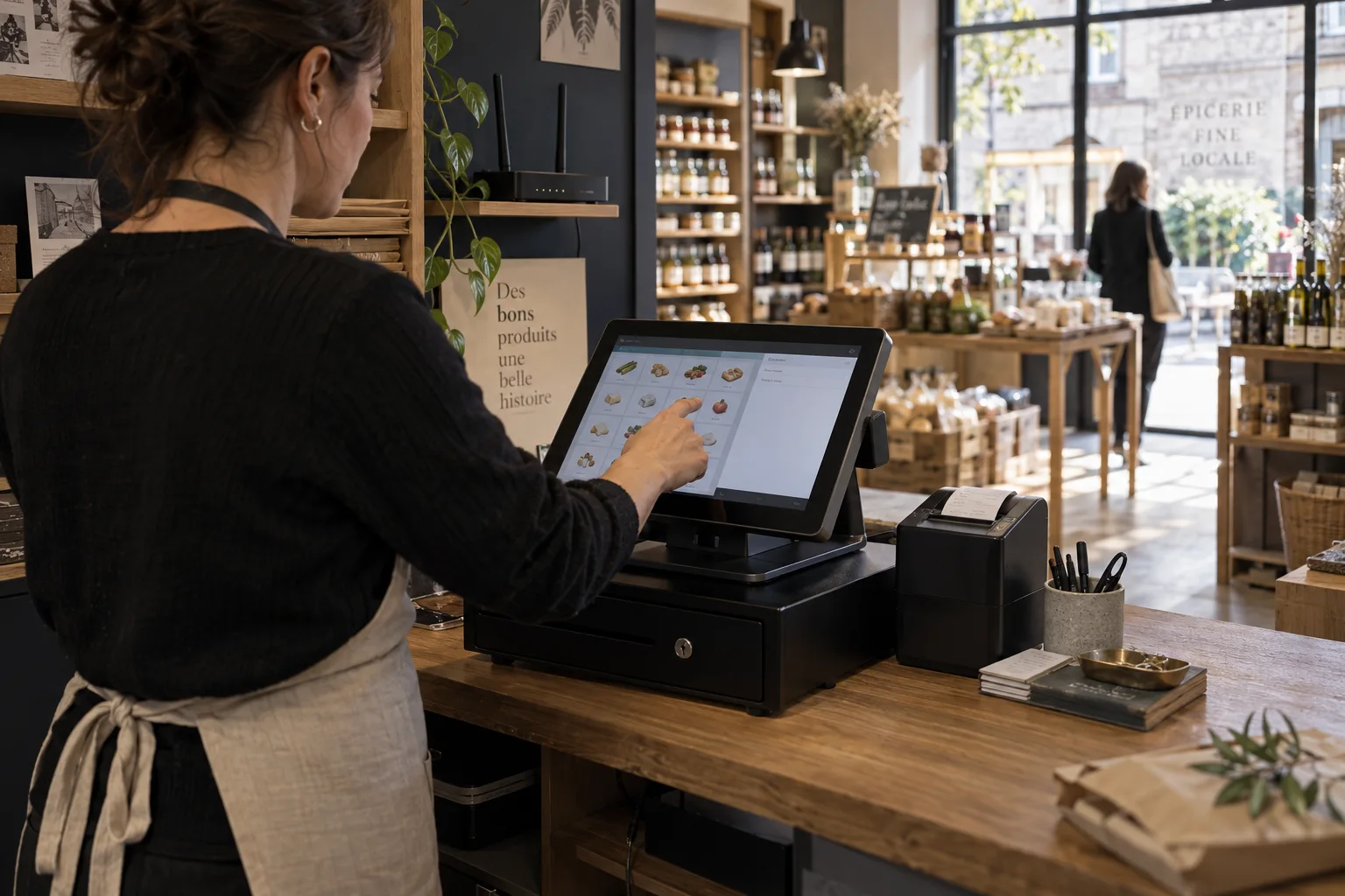 Un poste de caisse tactile, une imprimante et un tiroir installés sur un comptoir en bois.